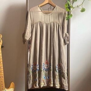 Antik Batik Silk Olive Green Embroidered floral sweetheart Mini dress